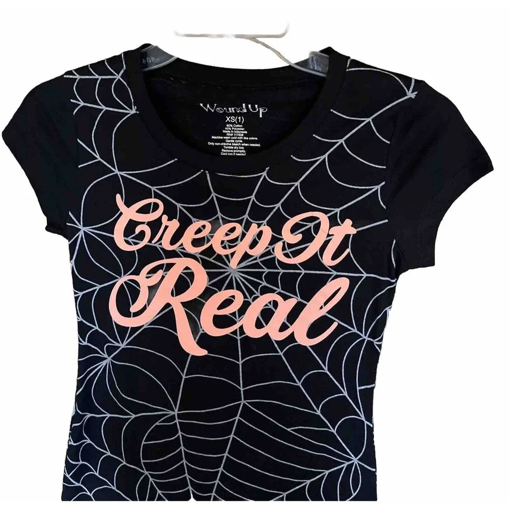 Wound Up Creep It Real T-shirt Juniors XS On Black Spider Webb Halloween Spooky